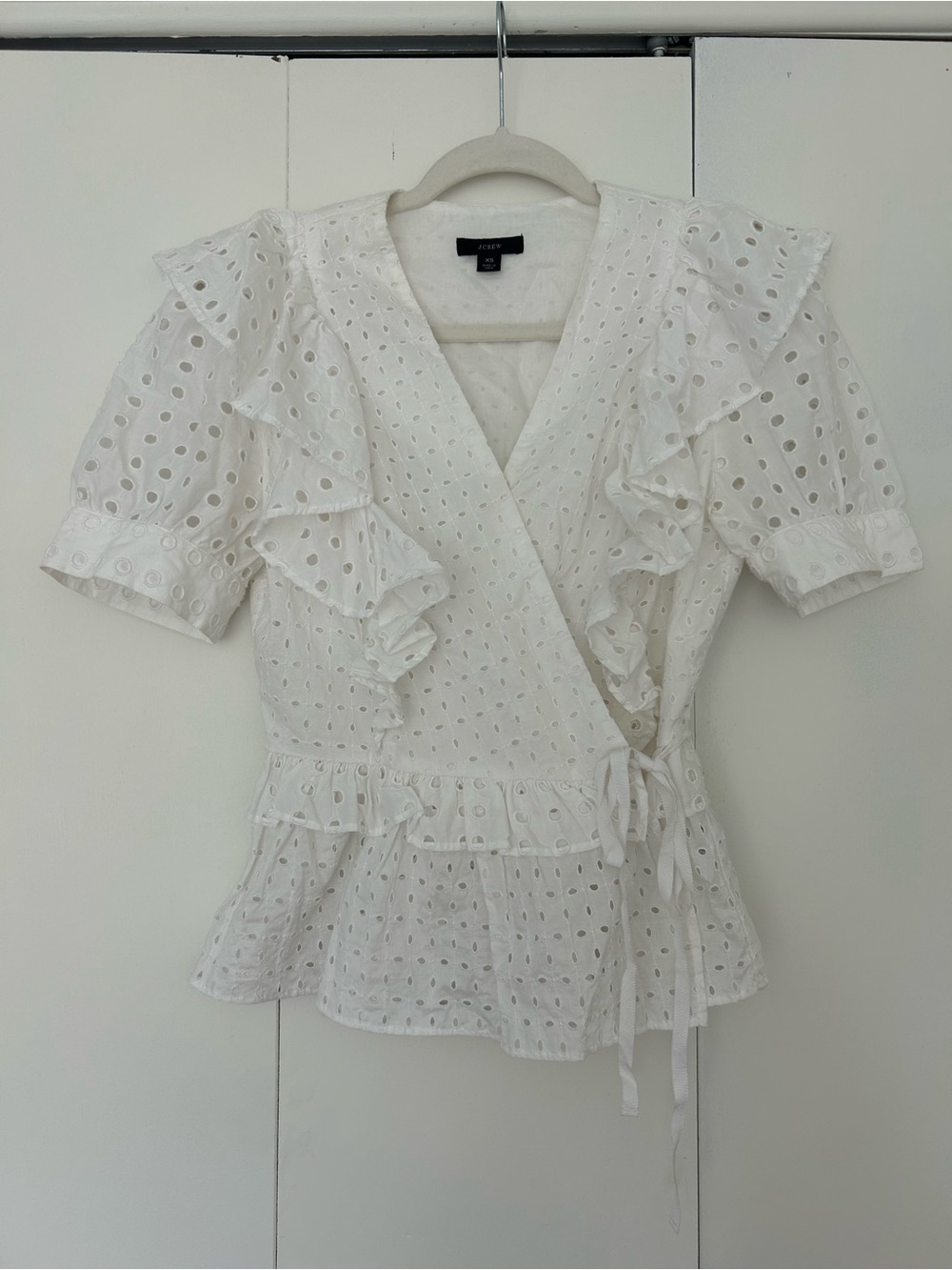 J. Crew White Eyelet Wrap Ruffle Blouse